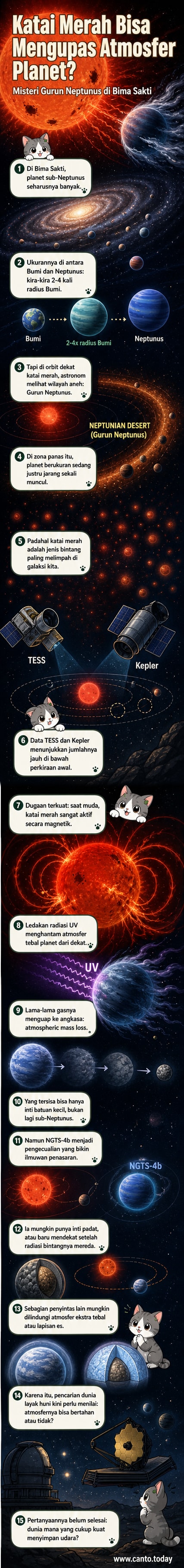 Ilustrasi planet sub-Neptunus kehilangan atmosfernya akibat radiasi bintang katai merah yang sangat terang dan aktif.