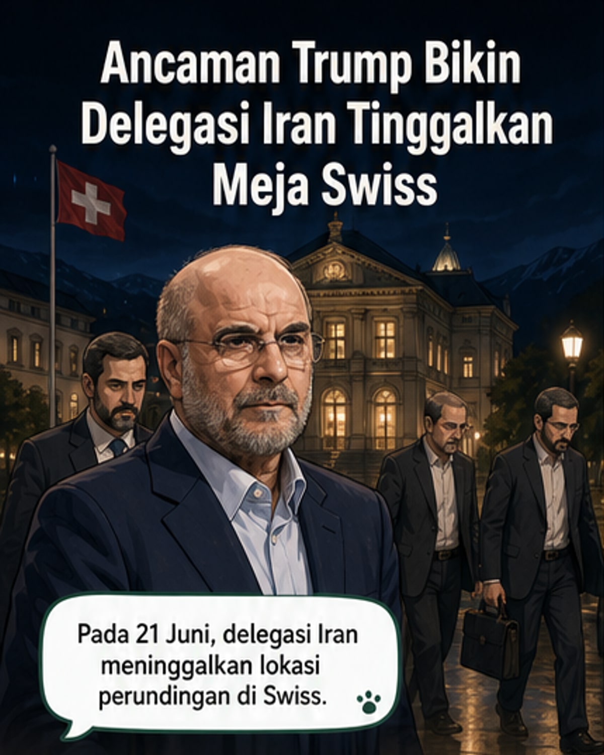 Ilustrasi delegasi Iran meninggalkan ruang perundingan di Swiss setelah ancaman serangan dari Trump muncul di media sosial.