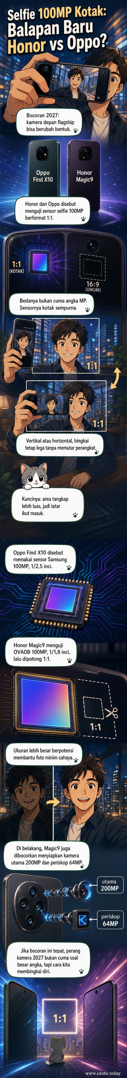 Ilustrasi ponsel Honor Magic9 dan Oppo Find X10 dengan kamera depan kotak 100MP, menunjukkan perbedaan format sensor persegi panjang vs kotak 1:1.