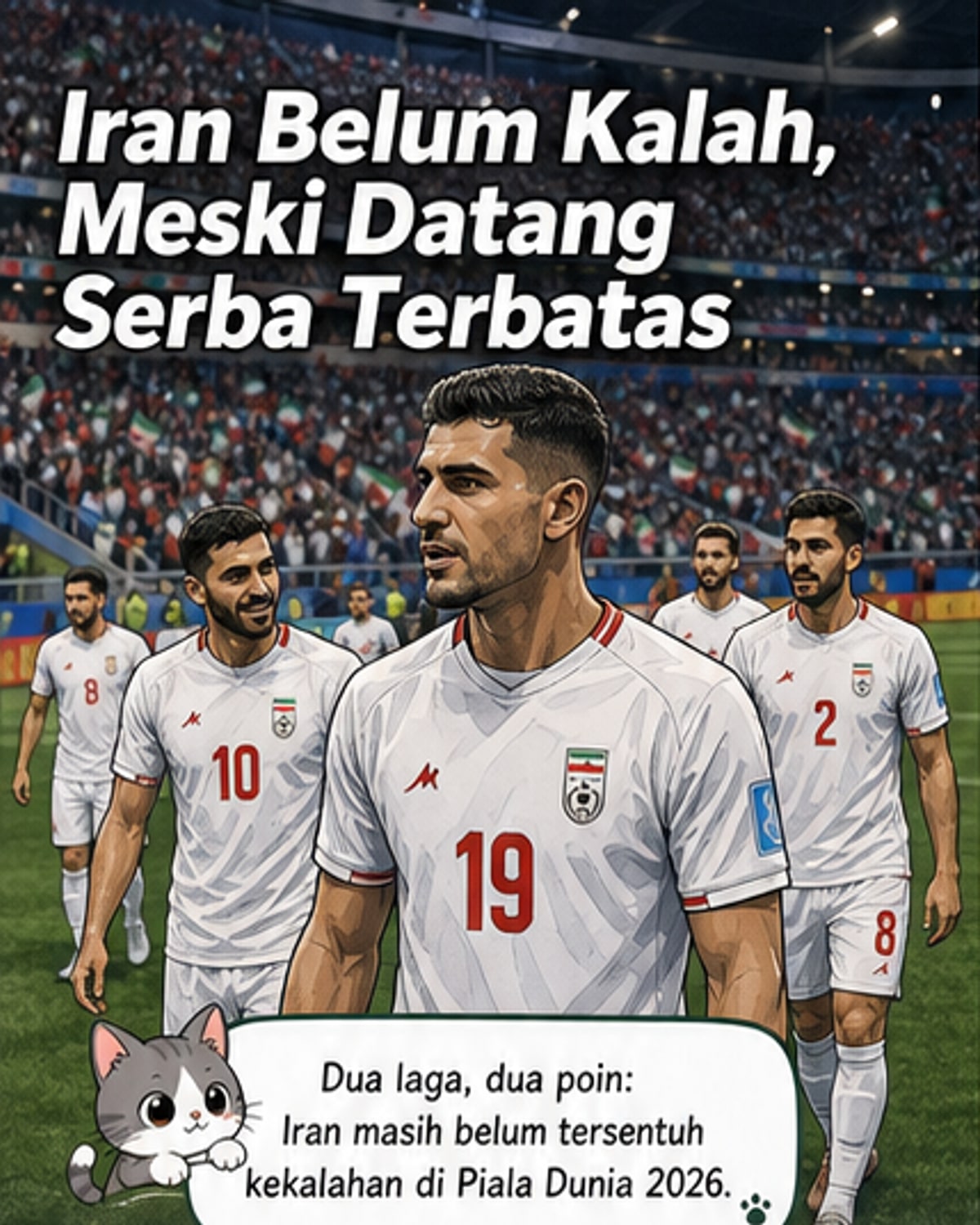 Ilustrasi timnas Iran merayakan hasil imbang di tengah bendera Amerika Serikat dan Meksiko, dengan latar belakang imigrasi dan perjalanan udara.