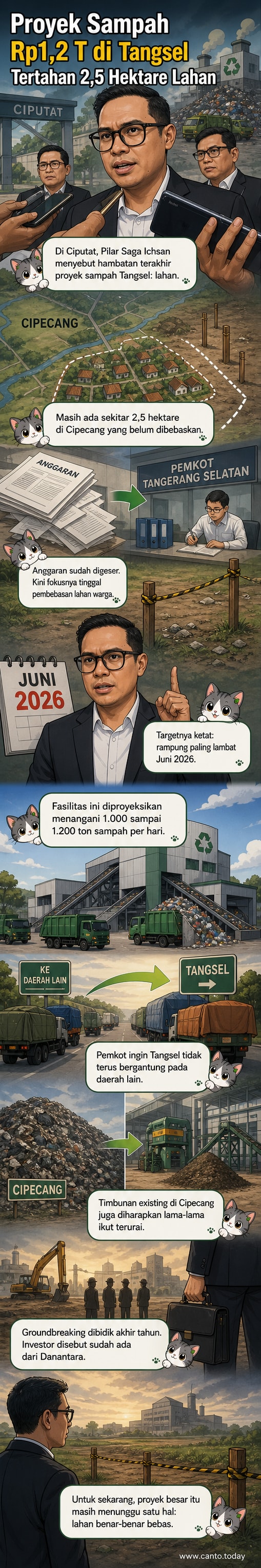 Ilustrasi proyek pengolahan sampah di Tangerang Selatan dengan lahan kosong dan alat berat, menunggu dimulai.