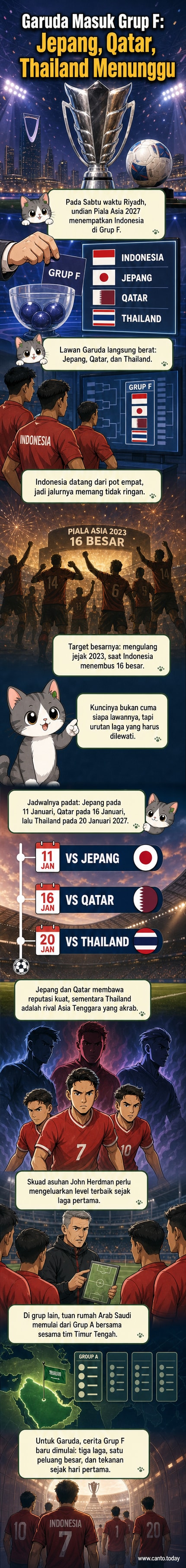 Ilustrasi skuad Timnas Indonesia berdiri di lapangan dengan latar belakang bendera Merah Putih dan jadwal pertandingan Grup F Piala Asia 2027 melawan Jepang, Qatar, dan Thailand.