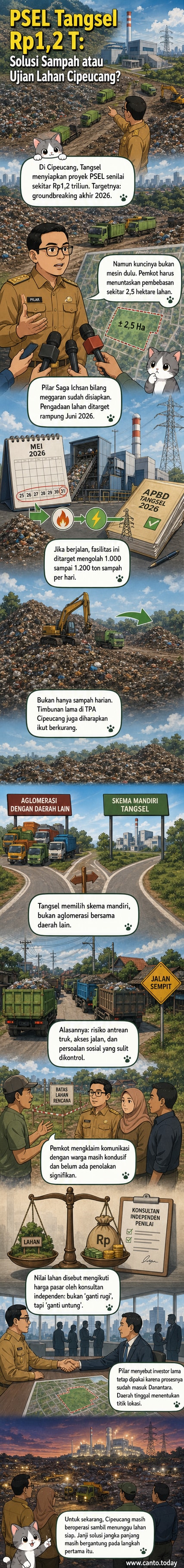 Ilustrasi fasilitas pengolahan sampah menjadi energi listrik di TPA Cipeucang, Tangerang Selatan, dengan latar belakang truk pengangkut sampah dan panel surya.