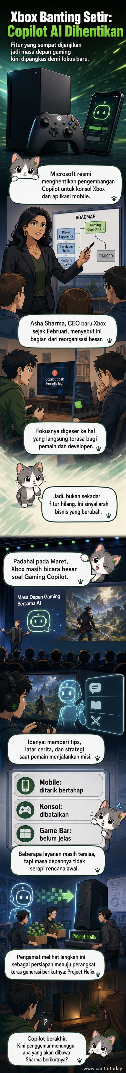 Ilustrasi konsol Xbox dengan antarmuka AI yang memudar, di samping siluet perangkat keras baru dengan logo 'Project Helix'.