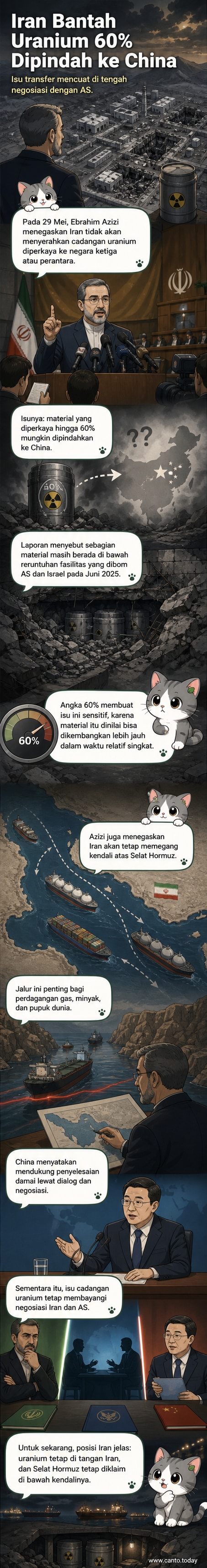 Ilustrasi panel webtoon berita: simbol nuklir, peta Selat Hormuz, dan siluet pejabat Iran menegaskan posisi dalam konferensi pers.