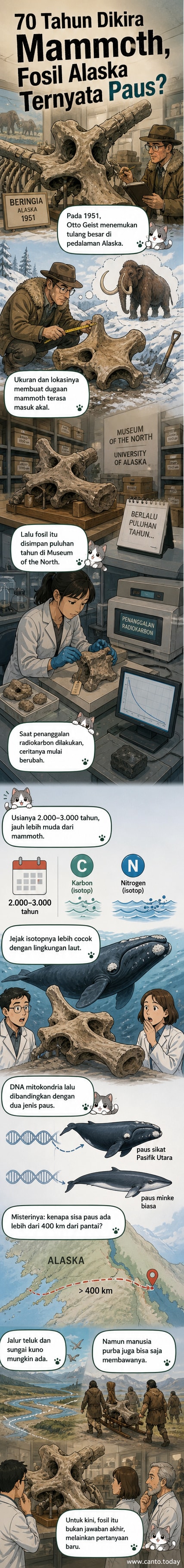 Dua pelat fosil besar yang sebelumnya dikira berasal dari mammoth, kini diketahui berasal dari paus, ditampilkan di museum dengan latar belakang pegunungan Alaska.