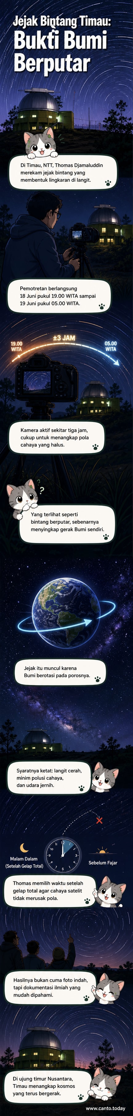 Foto malam hari di Observatorium Timau menunjukkan jejak cahaya bintang berbentuk lingkaran konsentris di atas kubah observatorium, merekam rotasi Bumi selama 10 jam.