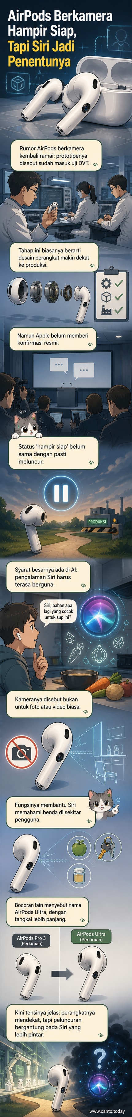 Ilustrasi AirPods dengan kamera kecil di bagian tangkai, mengarah ke konsep perangkat wearable canggih dari Apple