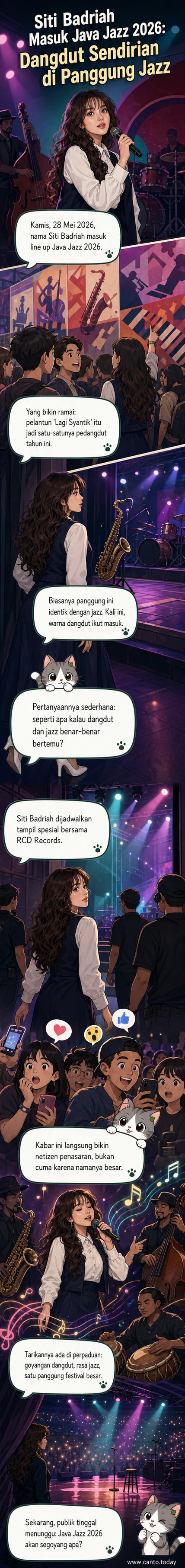 Siti Badriah tersenyum di atas panggung Java Jazz 2026, mengenakan busana glamor dengan latar belakang orkestra jazz dan penonton yang antusias.
