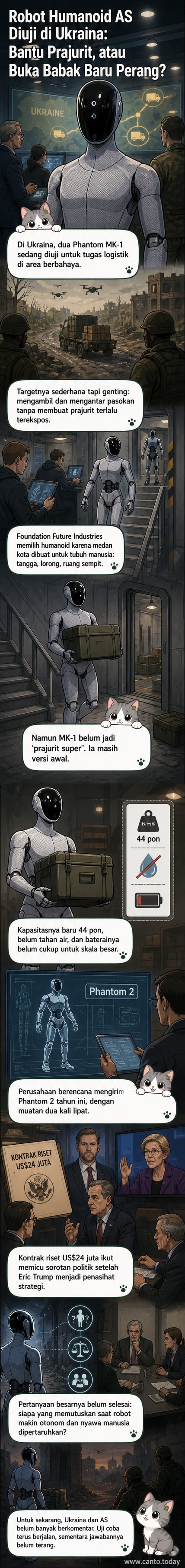 Ilustrasi robot humanoid berdiri di medan perang bersalju, membawa kargo di punggungnya, dengan latar belakang reruntuhan kota dan bendera Ukraina berkibar.