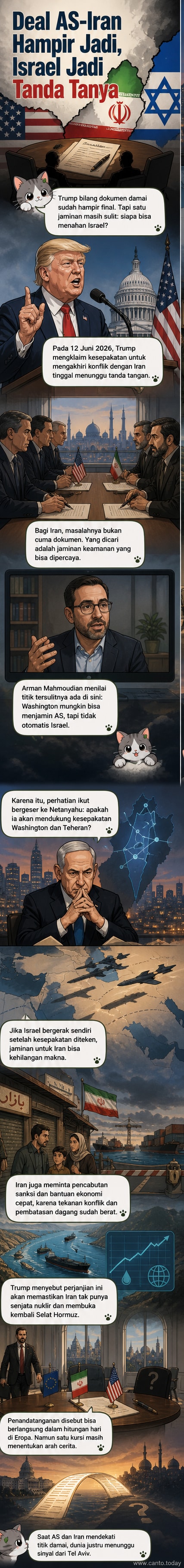 Ilustrasi tiga pemimpin: Donald Trump, pemimpin Iran, dan Benjamin Netanyahu, dengan simbol perdamaian dan konflik di latar belakang