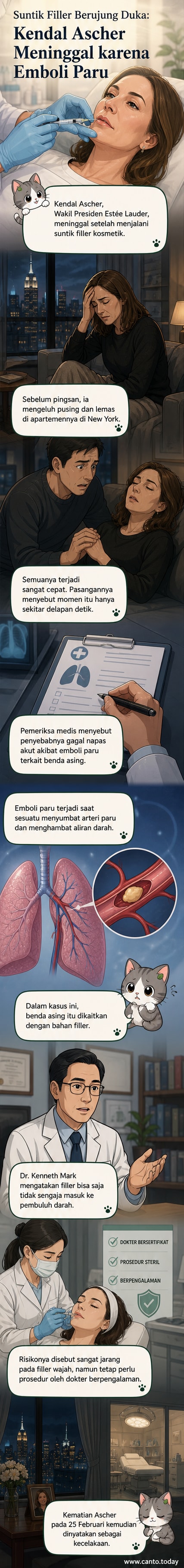 Ilustrasi seorang pria di ruang perawatan kecantikan tiba-tiba kolaps setelah suntik filler, dengan pasangan yang panik memeluknya.