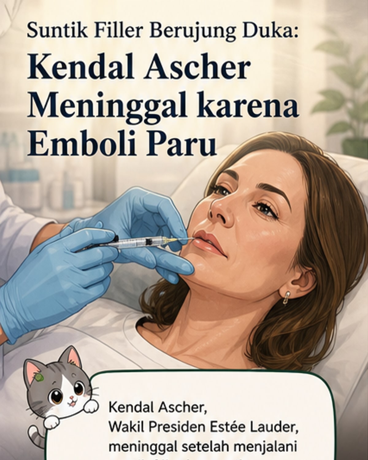 Ilustrasi seorang pria di ruang perawatan kecantikan tiba-tiba kolaps setelah suntik filler, dengan pasangan yang panik memeluknya.