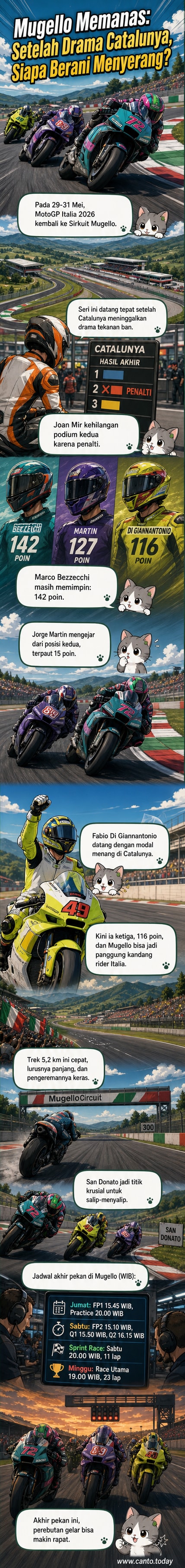 Ilustrasi sirkuit Mugello dengan dua pebalap MotoGP bersaing di tikungan cepat, langit biru Italia di latar belakang