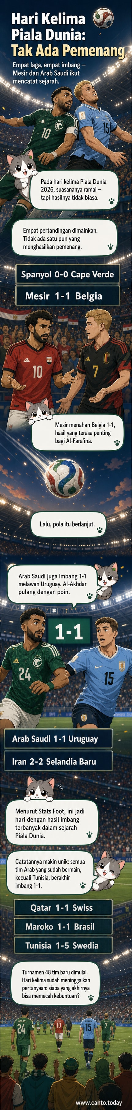 Ilustrasi empat pertandingan Piala Dunia 2026 berakhir imbang, dengan bendera Mesir, Arab Saudi, Belgia, dan Uruguay terpampang di layar stadion malam hari.