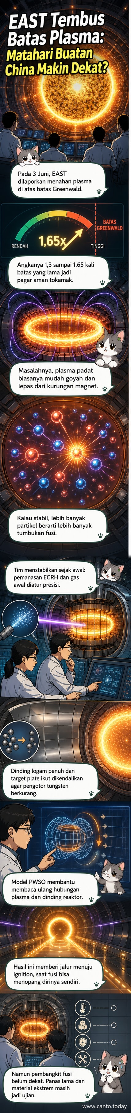 Ilustrasi reaktor fusi EAST dengan plasma bercahaya biru terperangkap dalam medan magnet, latar belakang ruang laboratorium futuristik.