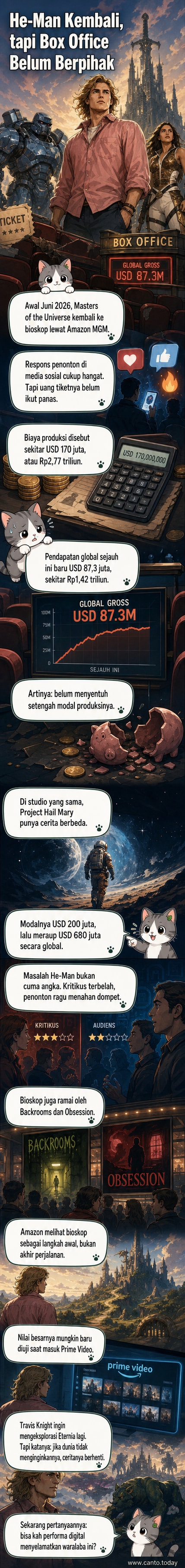 Poster film Masters of the Universe (2026) dengan He-Man memegang pedang di depan kastil Eternia, latar belakang langit ungu dan petir menyambar.