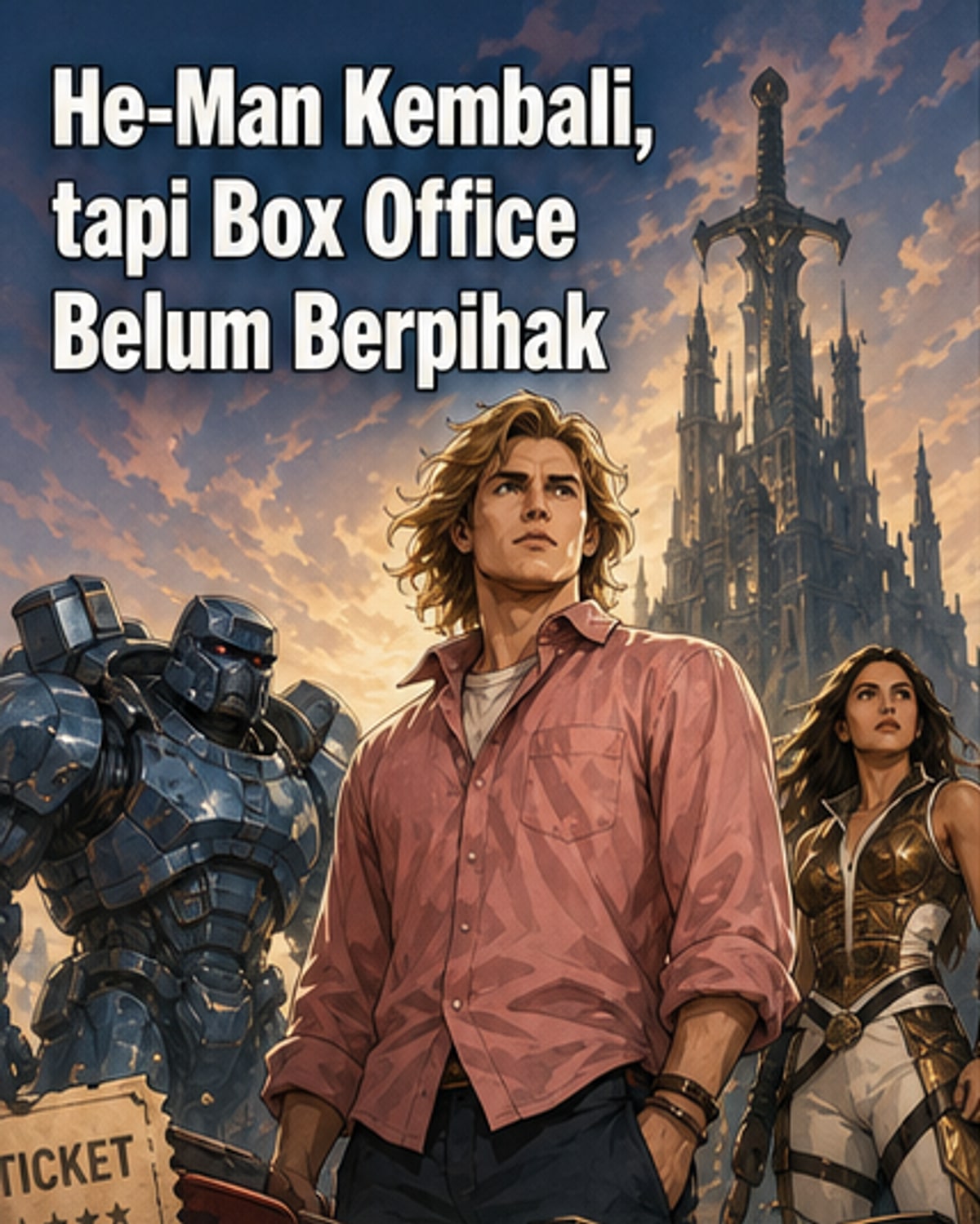 Poster film Masters of the Universe (2026) dengan He-Man memegang pedang di depan kastil Eternia, latar belakang langit ungu dan petir menyambar.