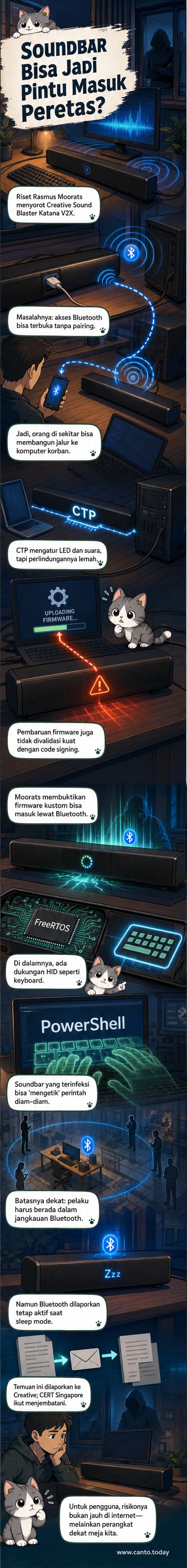 Ilustrasi soundbar yang mengirim sinyal Bluetooth berbahaya ke komputer, diubah menjadi keyboard tak terlihat yang mengendalikan sistem dari jarak jauh.