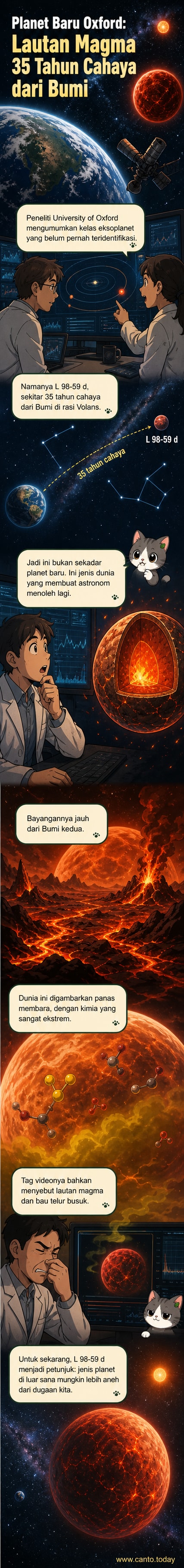 Ilustrasi eksoplanet L 98-59 d dengan permukaan lautan magma merah menyala dan atmosfer gelap berbau belerang, terletak jauh di rasi bintang Volans.