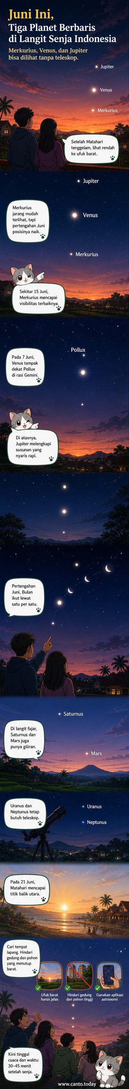 Ilustrasi tiga planet — Merkurius, Venus, dan Jupiter — berjajar di langit senja, dengan Bulan yang melintas di dekatnya, dilihat dari lokasi di Indonesia.
