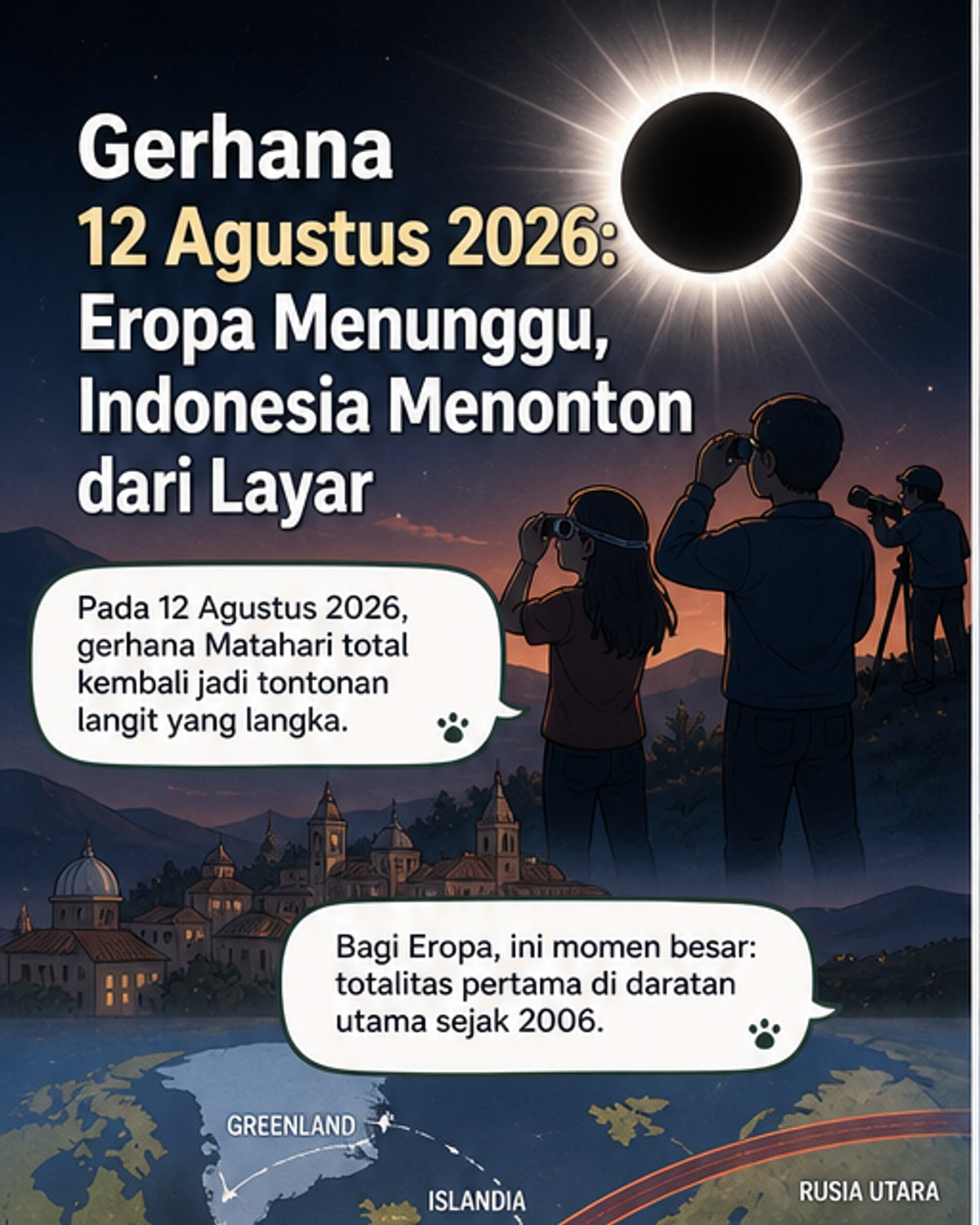 Ilustrasi gerhana matahari total dengan bayangan bulan melintasi bumi, langit gelap di siang hari, dan pengamat di bawahnya.