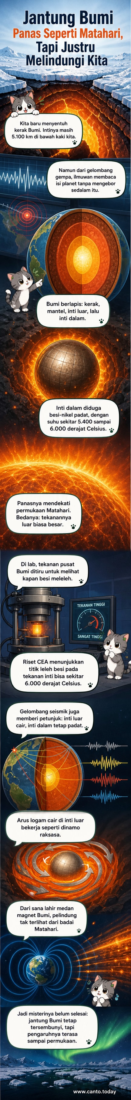 Ilustrasi lintasan dalam Bumi menunjukkan kerak tipis, mantel tebal, inti luar cair, dan inti dalam padat yang sangat panas, dengan suhu mendekati permukaan Matahari.