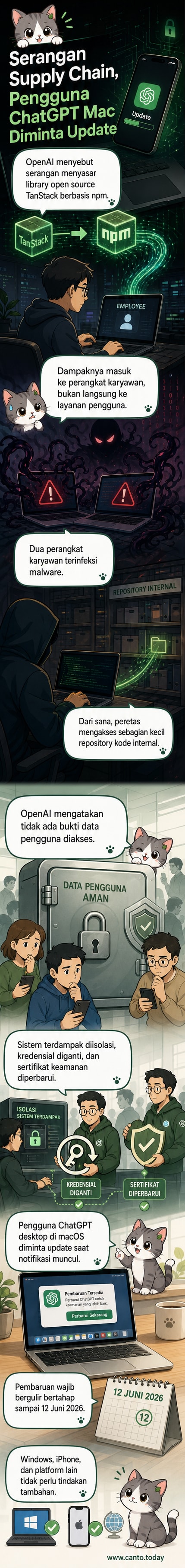 Ilustrasi webtoon menunjukkan peretas menyusup melalui kode terbuka, peringatan keamanan di layar Mac, dan proses pembaruan aplikasi ChatGPT.