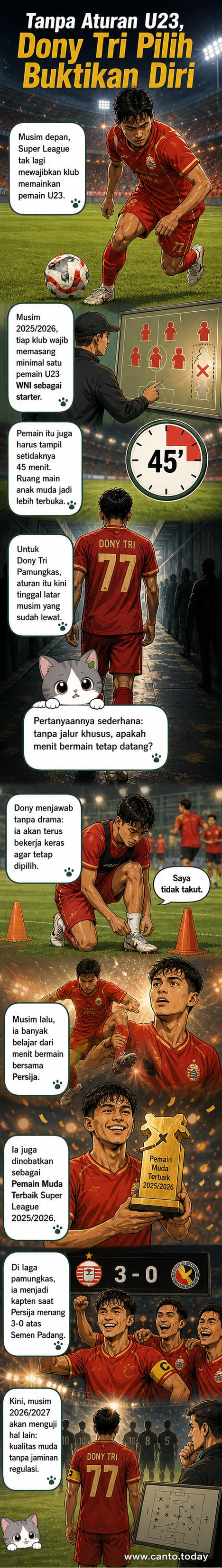 Ilustrasi Dony Tri Pamungkas bermain sepak bola di Stadion Utama Gelora Bung Karno, menghadapi tekanan dari lawan, dengan latar pertandingan Super League.
