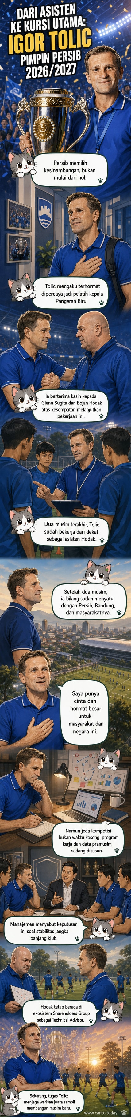 Ilustrasi pelatih Igor Tolic berdiri di pinggir lapangan hijau dengan seragam latihan Persib Bandung, latar belakang stadion penuh penonton.