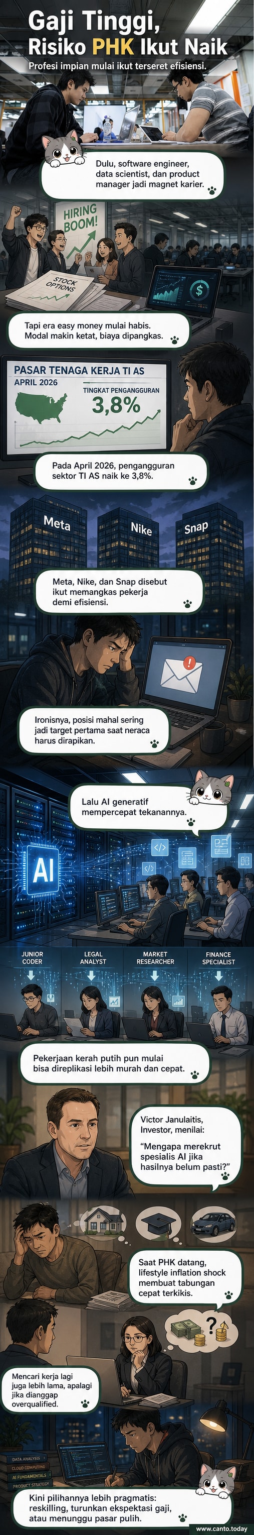 Ilustrasi karyawan profesional duduk di meja kerja kosong, dengan simbol AI dan tanda PHK di latar belakang, menggambarkan ketidakpastian karier di era digital.