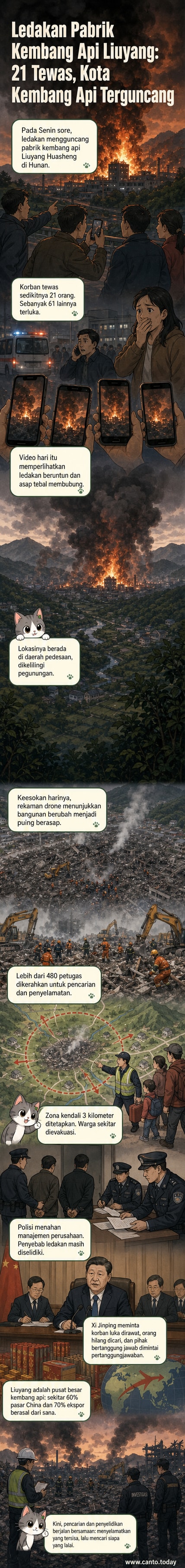 Puing-puing pabrik kembang api yang hancur setelah ledakan besar di Liuyang, Hunan, dengan asap mengepul dan petugas penyelamat tengah menyisir lokasi.