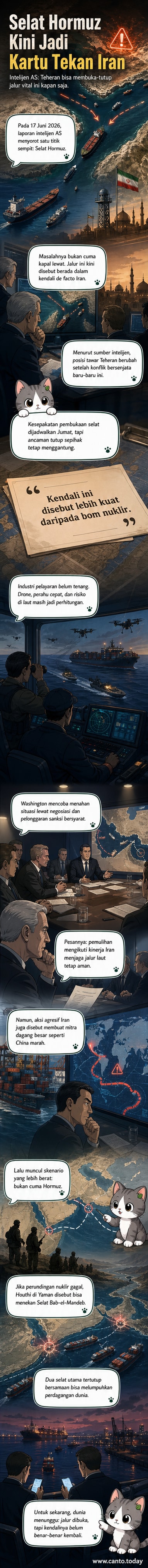 Ilustrasi Selat Hormuz dengan kapal tanker dan drone militer Iran, menunjukkan ketegangan maritim dan potensi blokade yang mengancam pasokan energi global.