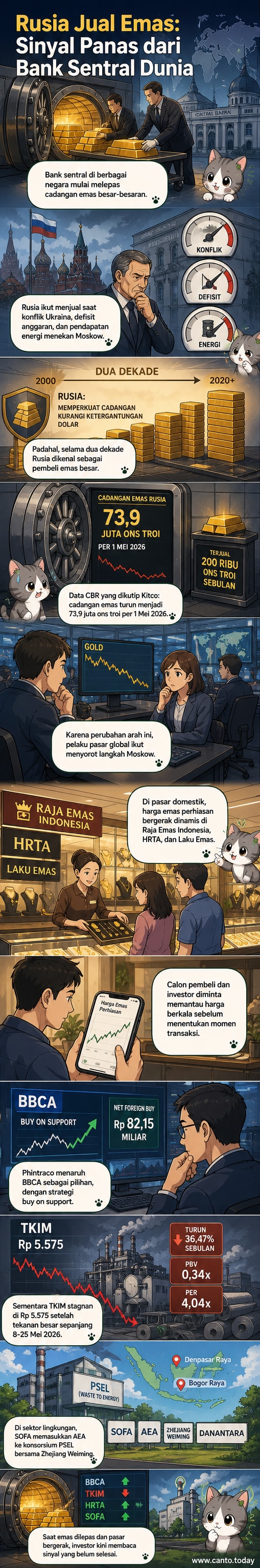 Tumpukan emas batangan dalam pencahayaan kontras, melambangkan cadangan yang mulai dilepas oleh bank sentral global.