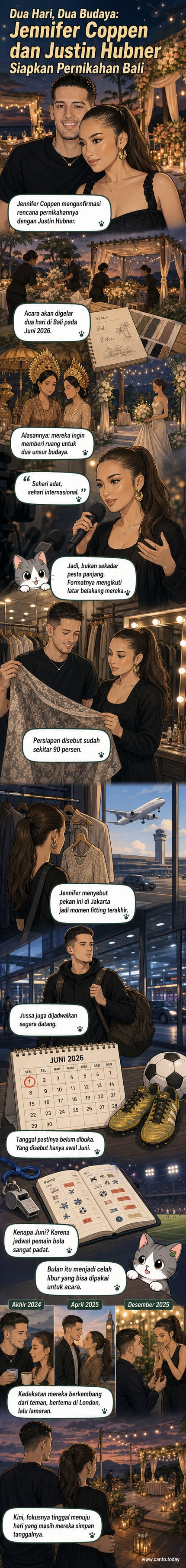 Ilustrasi pasangan Jennifer Coppen dan Justin Hubner berdiri di tepi pantai Bali, mengenakan pakaian adat dan gaun pengantin internasional, dengan latar belakang upacara pernikahan dua budaya.