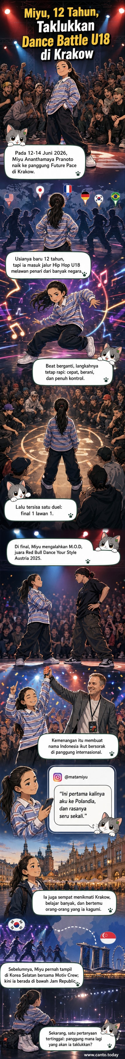Ilustrasi penari cilik Indonesia, Miyu Ananthamaya, berpose penuh semangat di atas panggung kompetisi tari di Kraków, dengan latar belakang gedung berarsitektur Eropa dan poster kompetisi Future Pace.