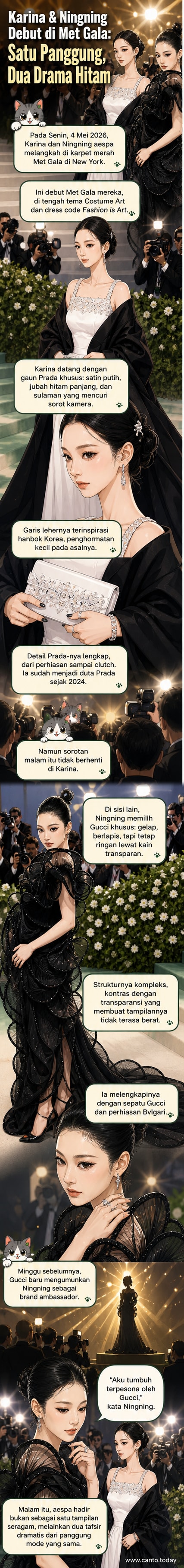 Karina dan Ningning aespa berdiri di karpet merah Met Gala 2026, mengenakan busana hitam dramatis dengan latar belakang kerumunan fotografer dan lampu sorot.