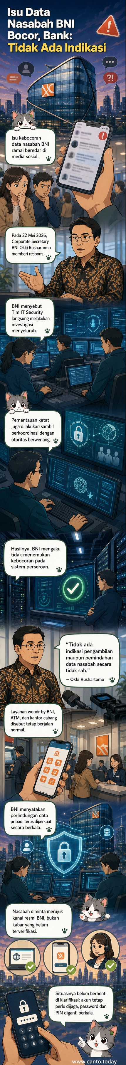 Ilustrasi digital bank dengan perisai keamanan, menggambarkan BNI membantah isu kebocoran data nasabah dan menegaskan sistem tetap aman.