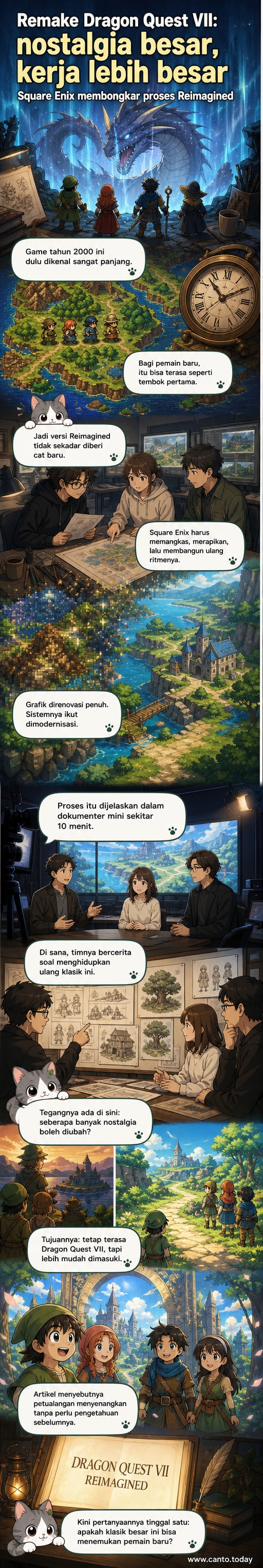 Ilustrasi tim pengembang Square Enix bekerja di studio, dengan layar menampilkan adegan dari Dragon Quest VII Reimagined di latar belakang.