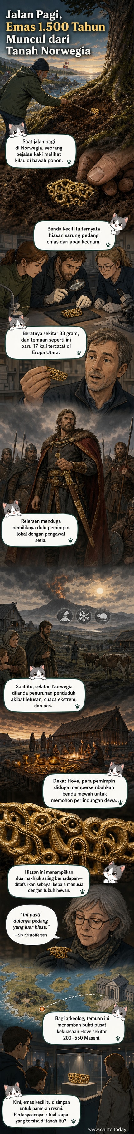 Ilustrasi ornamen emas berbentuk hewan mitos yang ditemukan di Norwegia, tergeletak di tanah hutan dengan latar belakang pohon dan sinar matahari pagi.