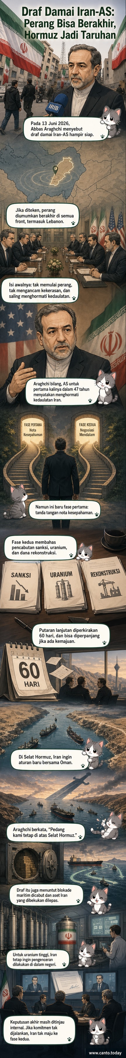 Ilustrasi dua pemimpin dari Iran dan AS berjabat tangan di atas peta Selat Hormuz, dengan simbol perdamaian dan kapal tanker minyak di latar belakang.