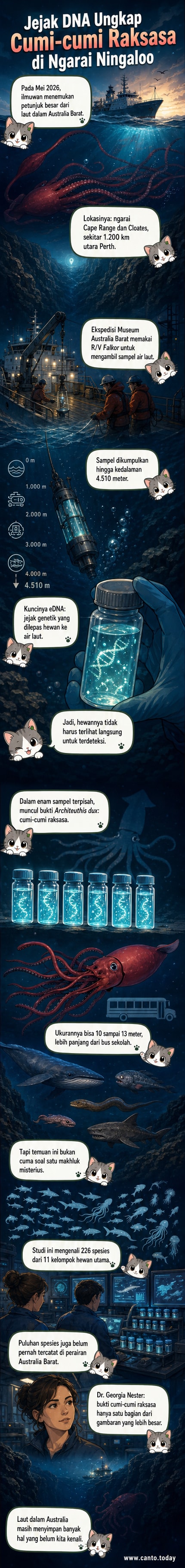 Ilustrasi cumi-cumi raksasa berenang di kedalaman laut gelap, dengan ukuran sebanding bus sekolah dan mata sebesar piring besar, di sekitar ngarai bawah laut Australia Barat.