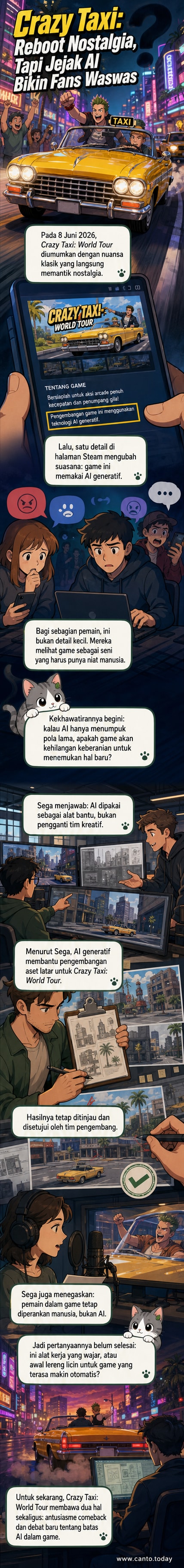 Ilustrasi game Crazy Taxi: World Tour dengan taksi kuning ikonik melaju di kota futuristik, dengan elemen digital yang menunjukkan penggunaan AI dalam latar belakang.