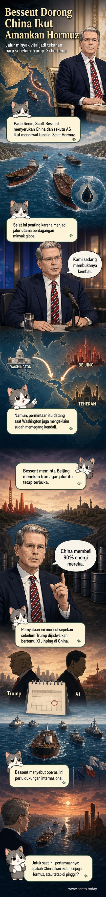 Ilustrasi Selat Hormuz dengan kapal perang dan jalur pelayaran, latar belakang bendera AS dan China, simbol minyak, dan teks 'Keamanan Selat Hormuz'.