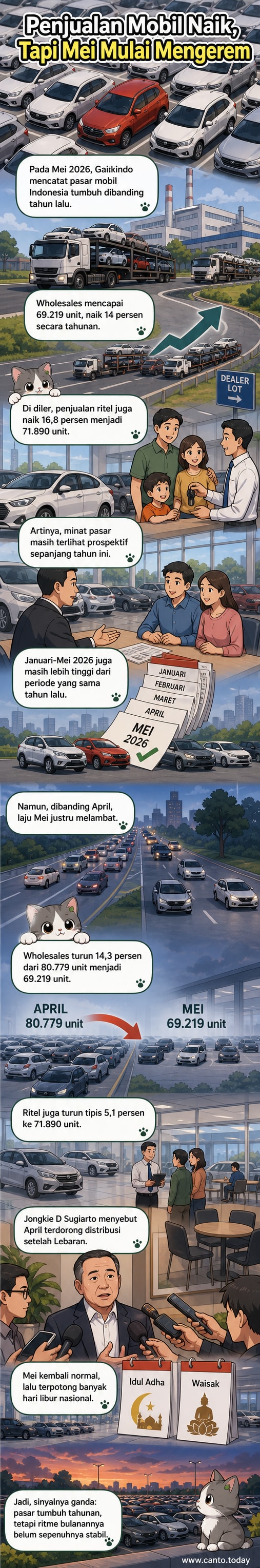 Ilustrasi mobil-mobil baru tertata rapi di diler dengan latar belakang grafik pertumbuhan penjualan dan kalender menunjukkan bulan Mei.