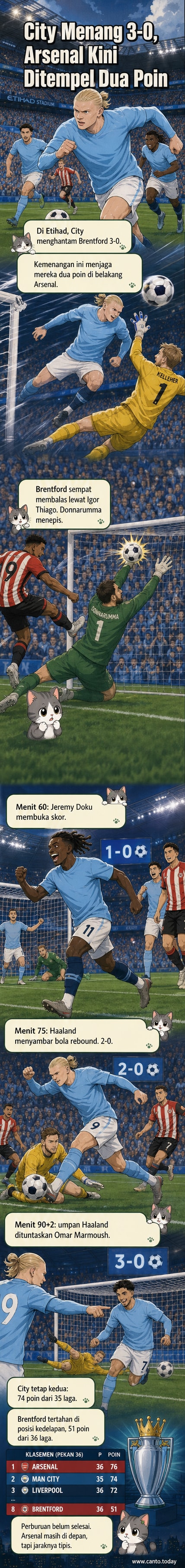Ilustrasi pertandingan Manchester City vs Brentford di Stadion Etihad, dengan Doku, Haaland, dan Marmoush merayakan gol kemenangan 3-0.