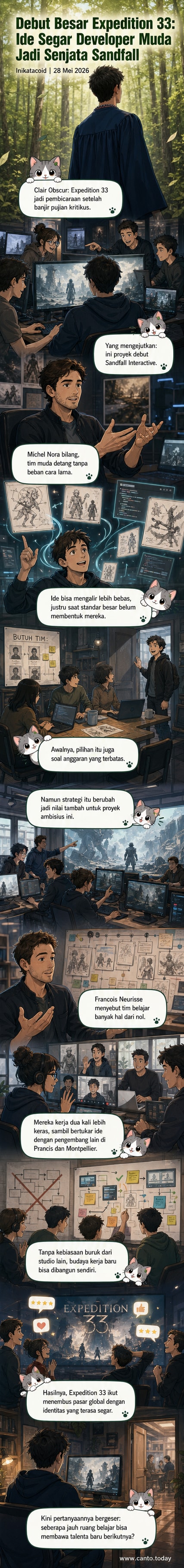 Ilustrasi tim developer muda sedang bekerja kolaboratif di studio game, dengan layar komputer menampilkan konsep karakter dan peta dari game Clair Obscur: Expedition 33.