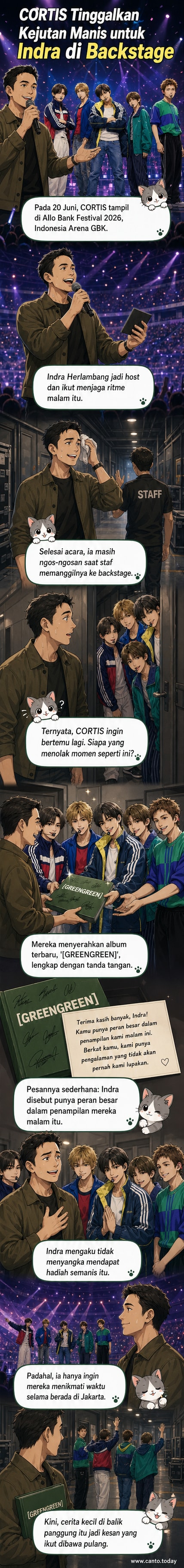 Indra Herlambang berpose bersama album bertandatangan dari CORTIS, dengan latar suasana backstage Allo Bank Festival 2026.