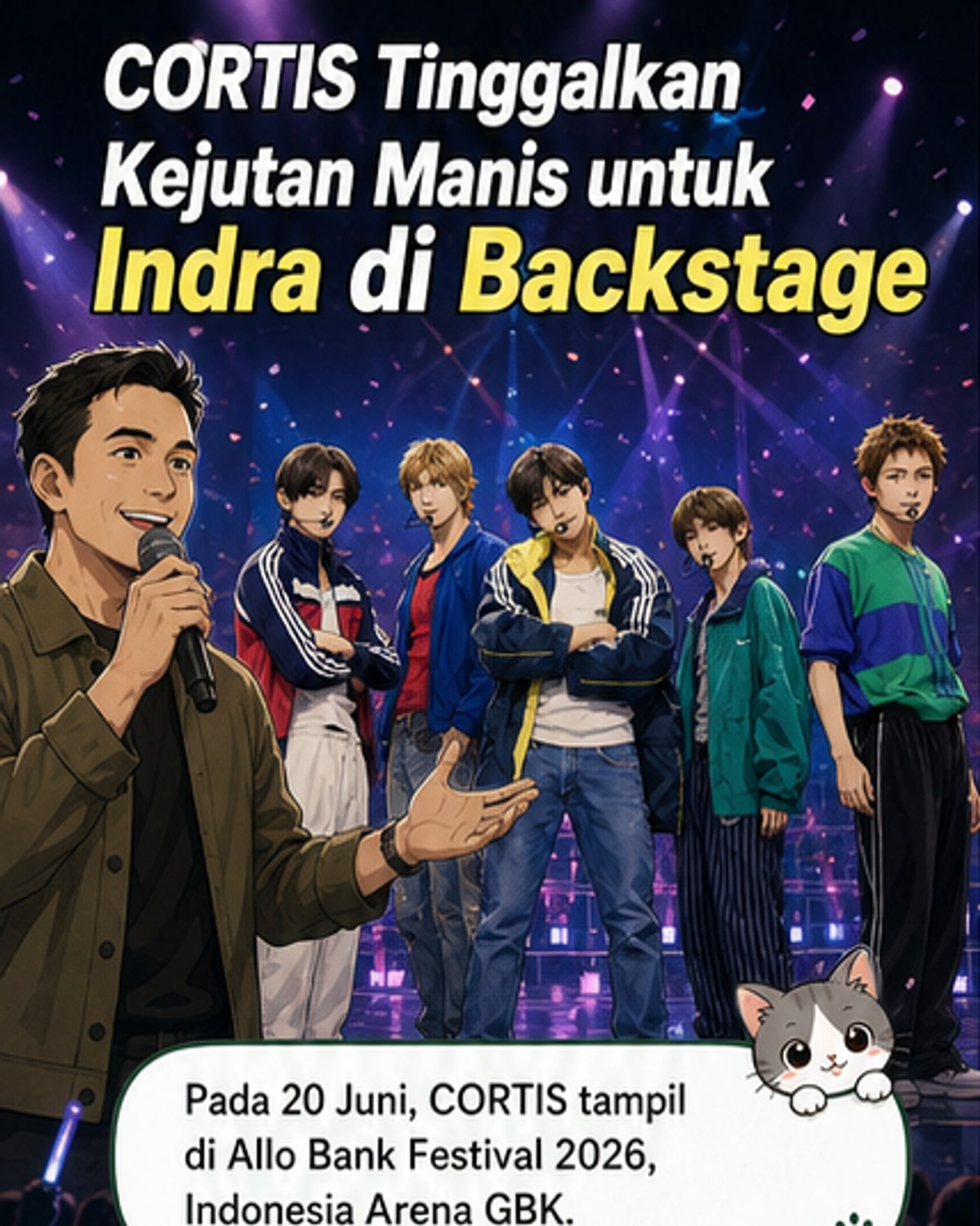 Indra Herlambang berpose bersama album bertandatangan dari CORTIS, dengan latar suasana backstage Allo Bank Festival 2026.