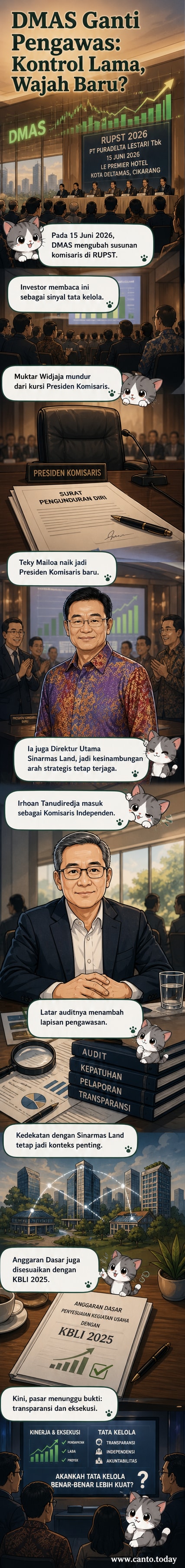Ilustrasi dua tokoh bisnis berdiri di depan gedung perkantoran modern, dengan latar belakang struktur organisasi perusahaan yang sedang diperbarui.
